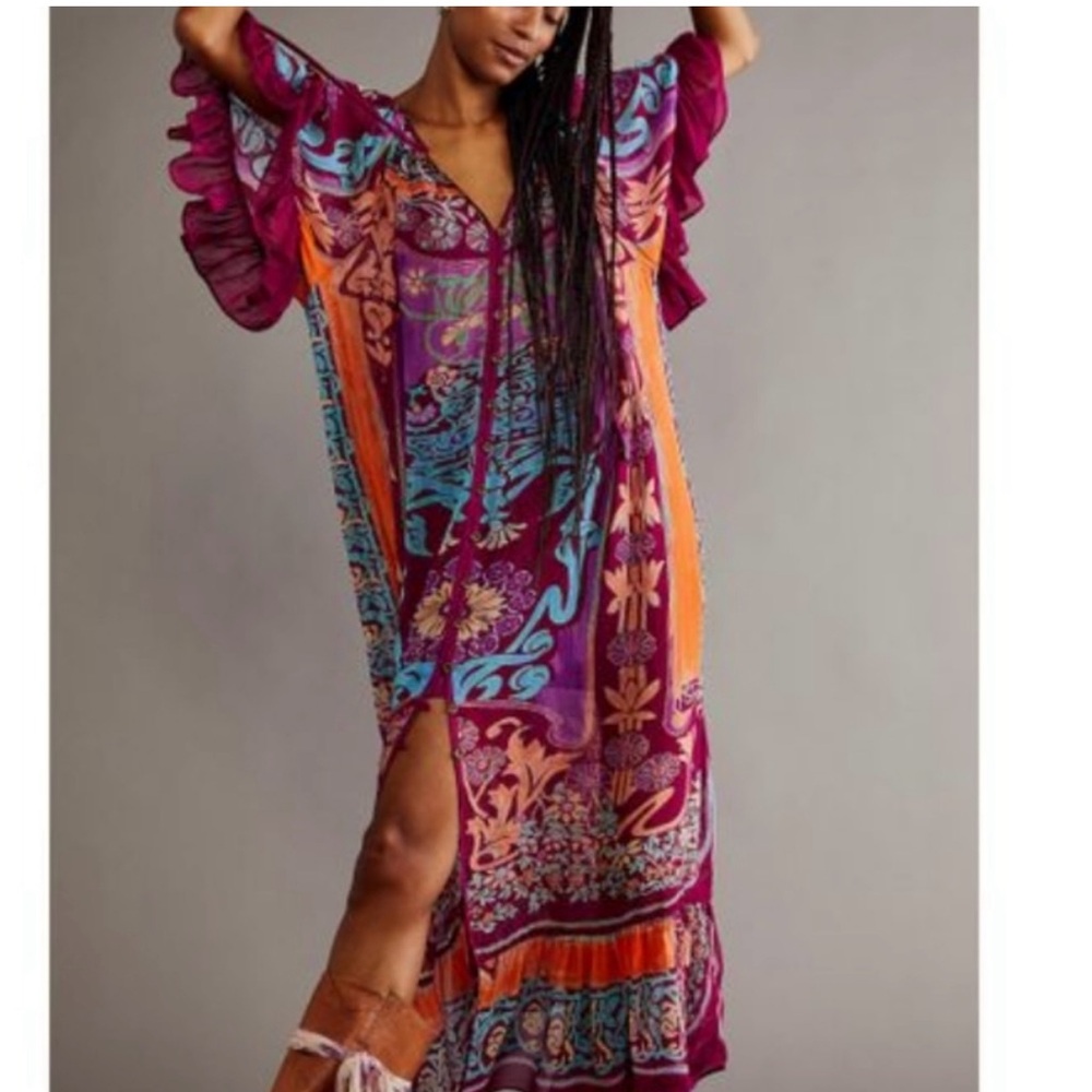 Free People Bohemian Midi Dress in Magenta, Orange & Turquoise